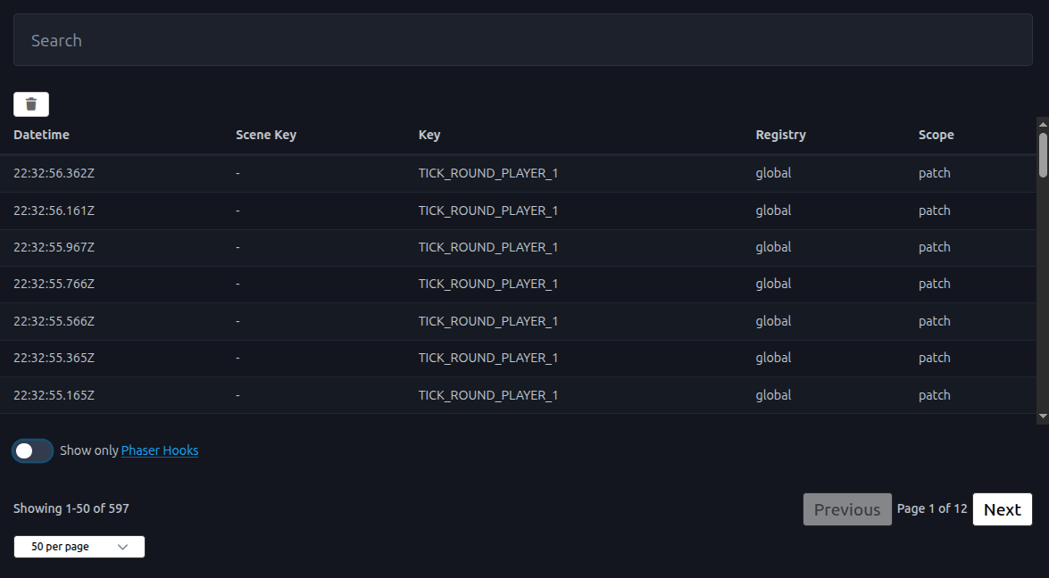 Phaser Data Inspector events table preview