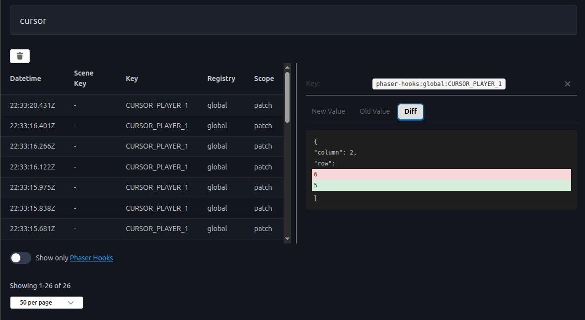 Phaser Data Inspector diff preview