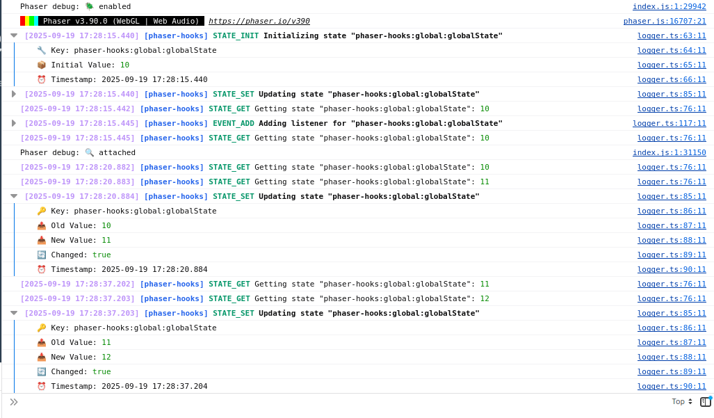 Phaser Hooks debug mode screenshot